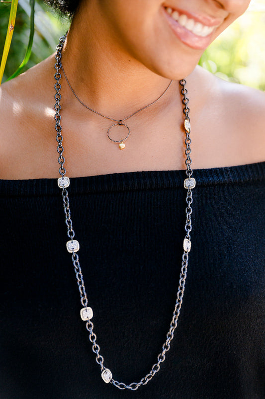 Crystal Square 14k Gold Fill and Oxidized Silver Long Necklace