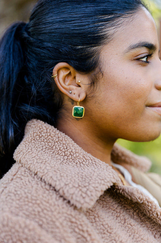 Green Jade:Quartz Dangle Earrings