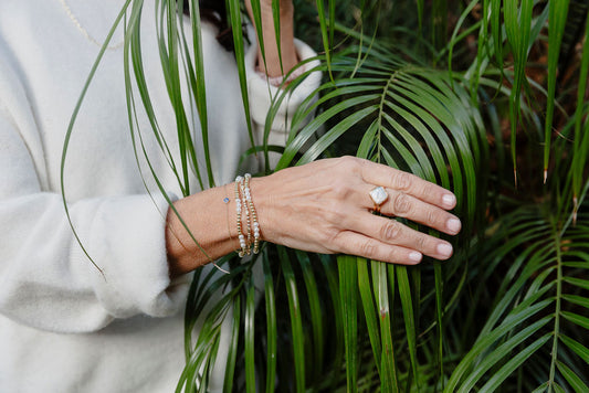 3 Pearl and 14k Gold Bead Stretch Bracelet