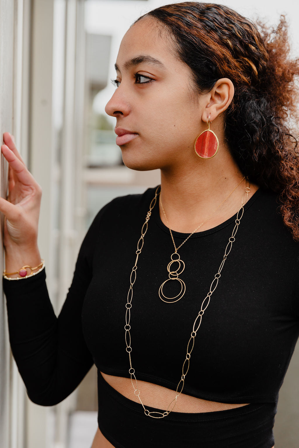 Multi Interlocking Circle Dangle Matte 14k gold fill Necklace