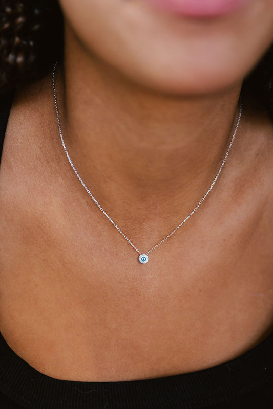 Modern Enamel Evil Eye Pendant Silver Necklace