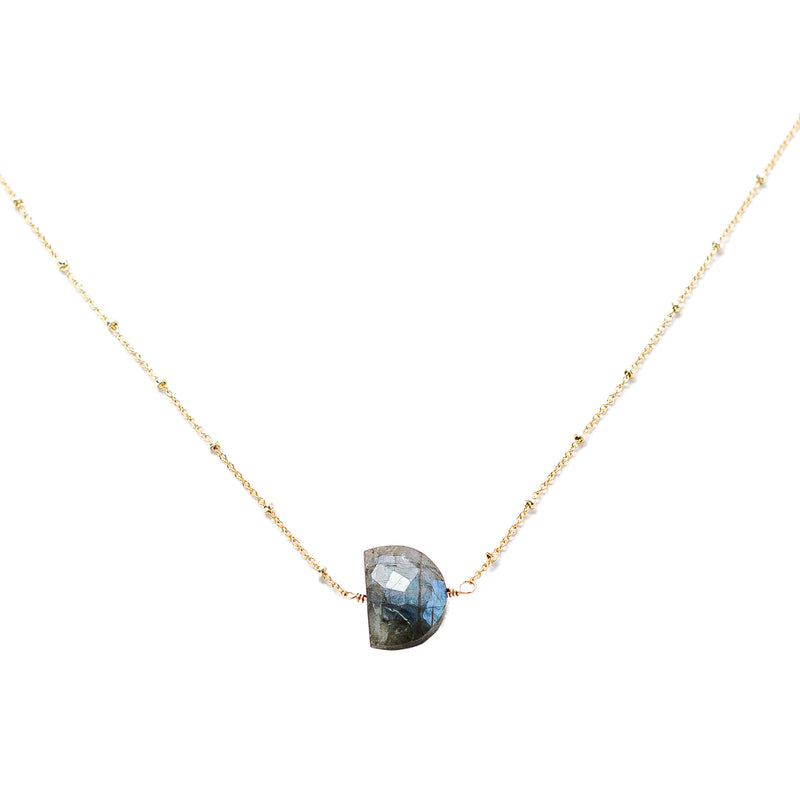 Labradorite Pendant ½ Moon 14k Gold Fill Chain Necklace