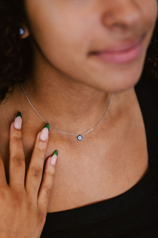 Modern Evil Eye Silver and Crystal Necklace Small