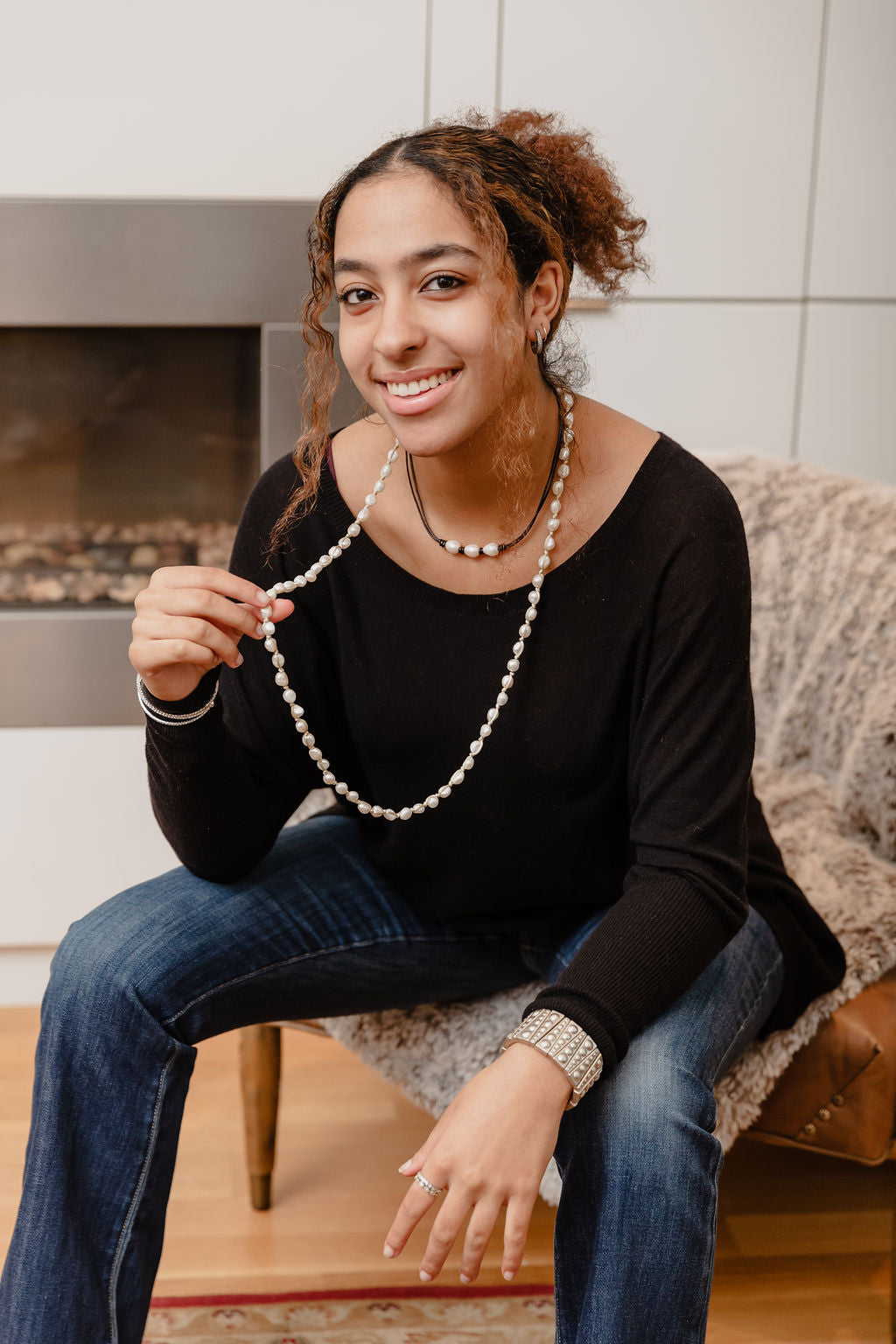 3 White Freshwater Pearl and Leather Necklace