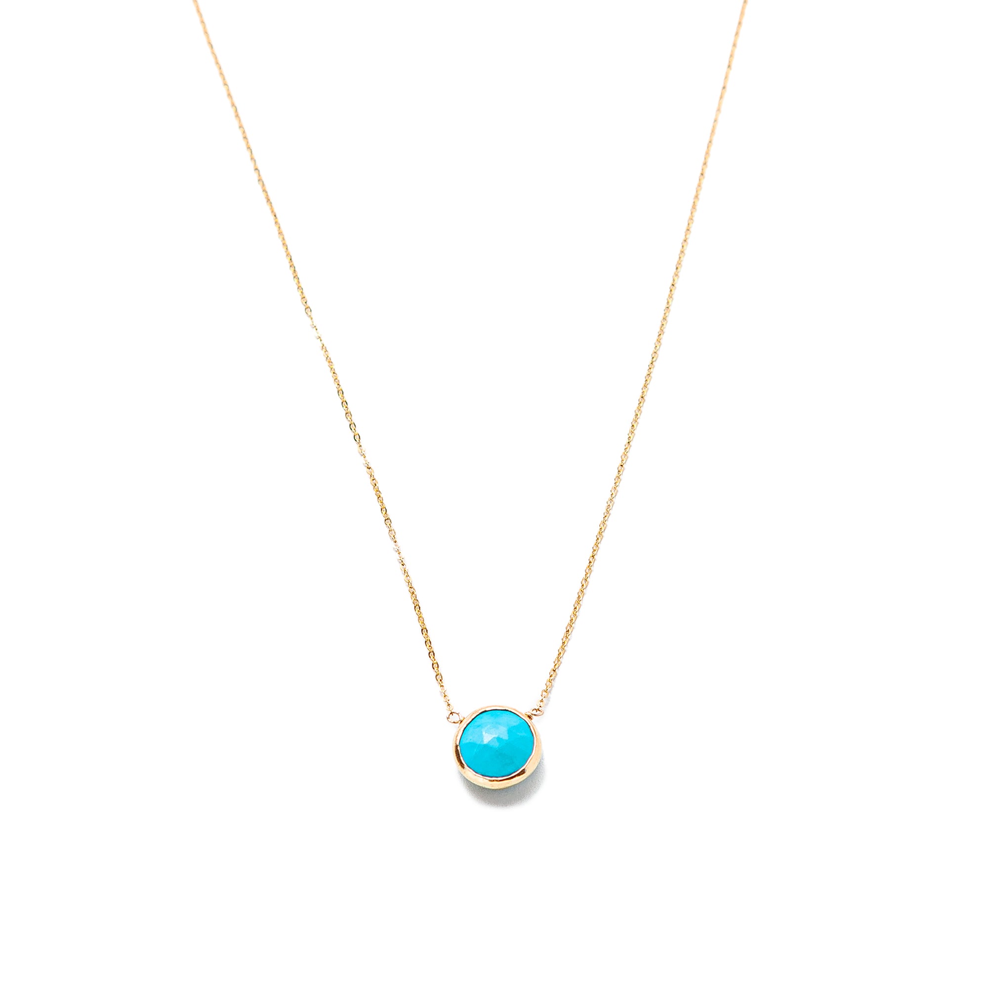 Bezel Gemstone Round Pendant Necklace - Gold Plated Chain - Turquoise  (16-24).