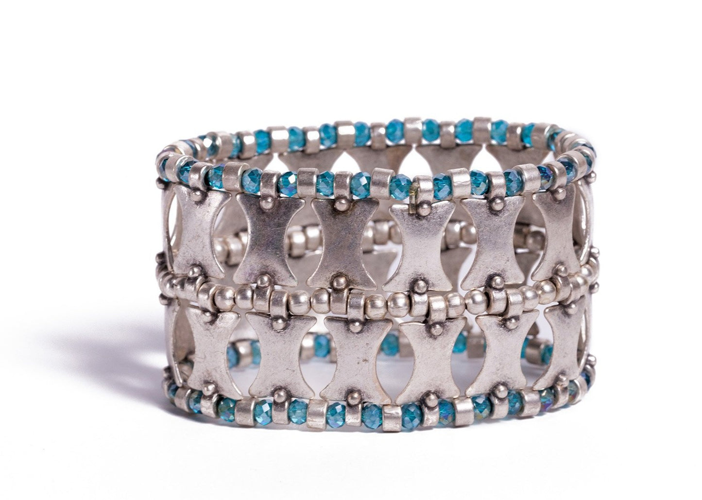 Zinc Silver Blue Crystal and Geo Bracelet