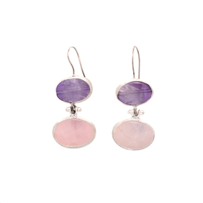 Pair of Two Stone Amethyst and Rose Quartz Sterling Silver Earrings with purple and pink stones on a white background