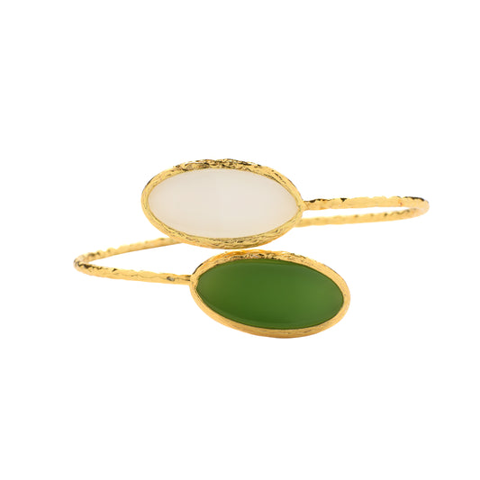 Two Stone Green Aventurine and Moonstone Bracelet 24k Gold Fill Adjustable Squeeze CuffGold bangles with white and green stones on a white background