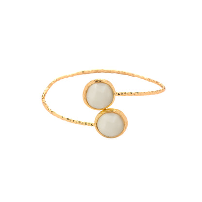 2 stone Mother of Pearl 24K Gold Fill bracelet with two round white stones on a white background