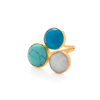 Three stone Turquoise, Blue Quartz, Moonstone Ring Small 24k gold fill ring with gold band on a white background