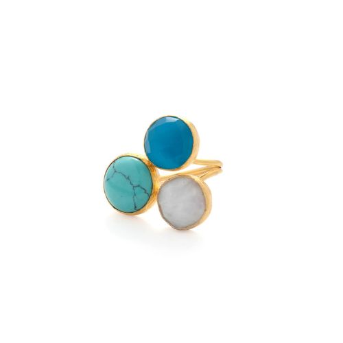 Three Stone Turquoise, Blue Quartz and Moonstone 24K Gold Fill Ring