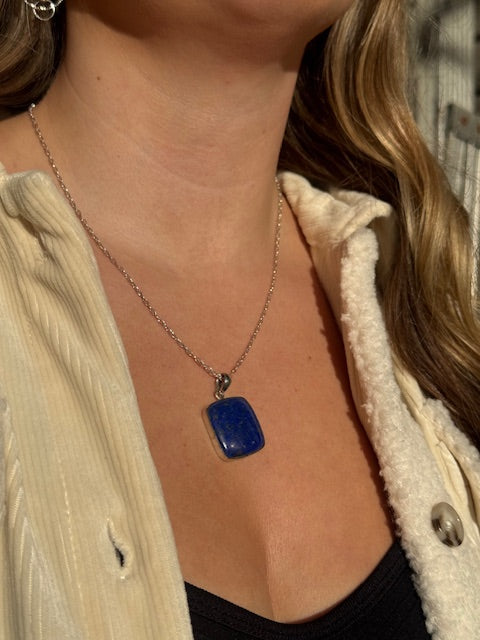 Lapis Square Gemstone Silver Necklace
