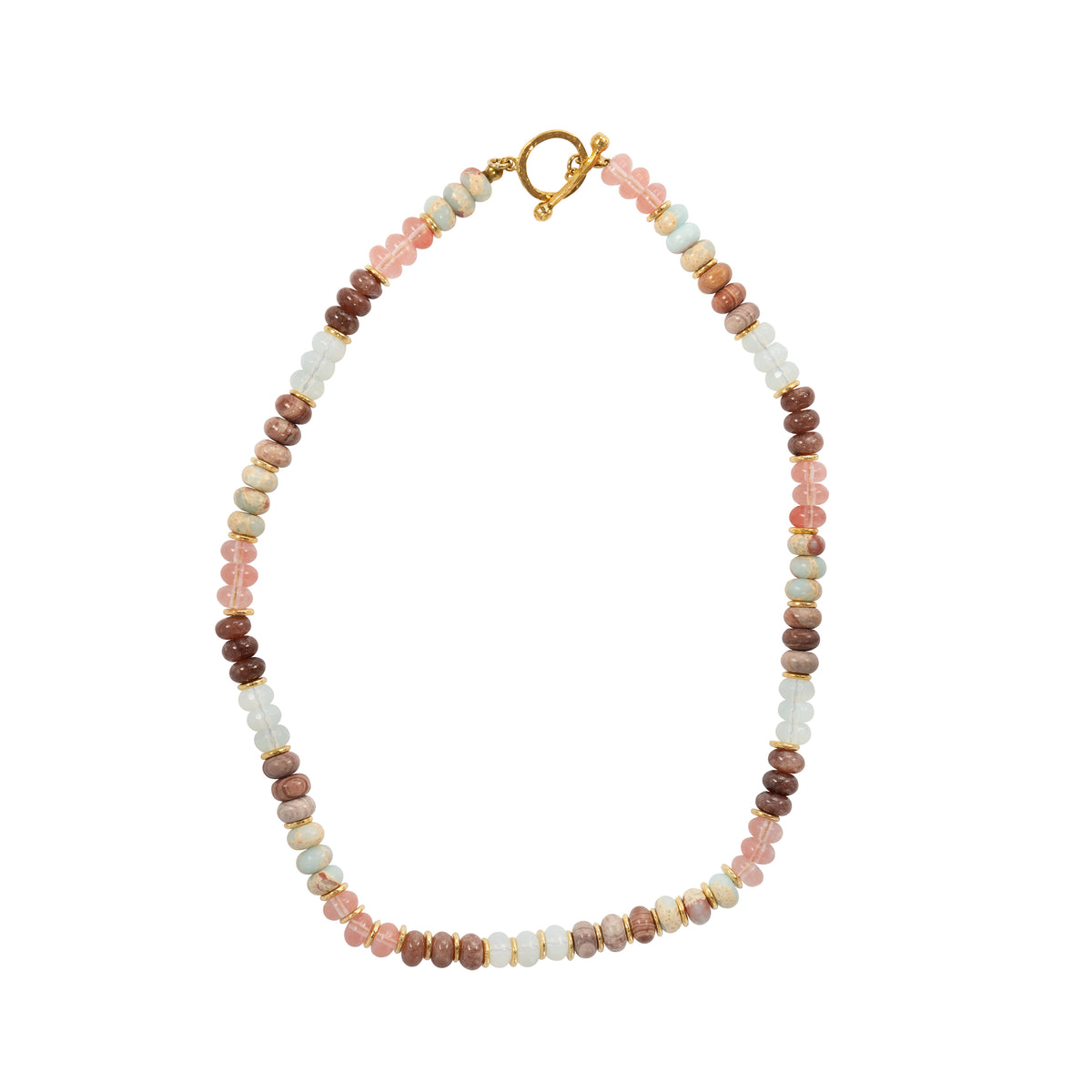 A beaded necklace featuring alternating strands of translucent pink, light green, and brown beads, finished with a gold clasp, shown on a plain white background.