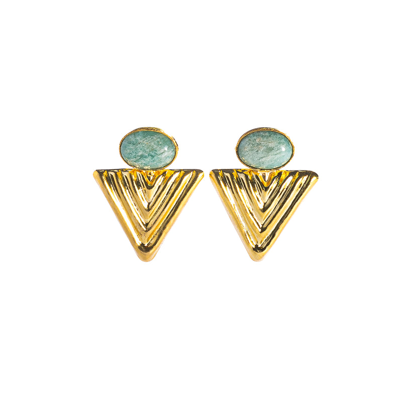 Green Agate and Triangle Gold Vermeil Post Earrings