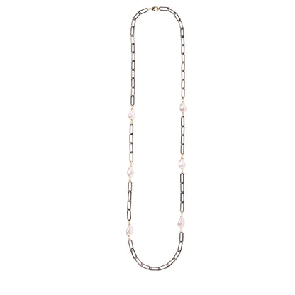 Baroque Pearl and Oxidized Silver Long Necklace 36"