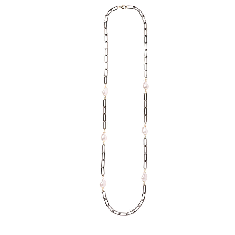 Baroque Pearl and Oxidized Silver Long Necklace 36"