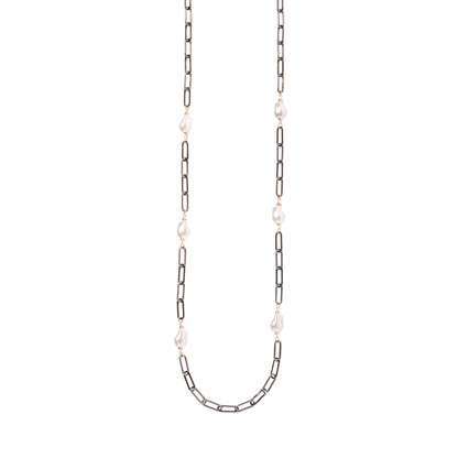 Baroque Pearl and Oxidized Silver Long Necklace 36"