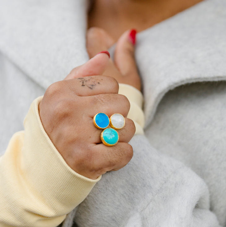 Woman wearing turquoise earrings and 3 Stone Turquoise, Blue Quartz, Moonstone Ring Small 24k gold fill,
