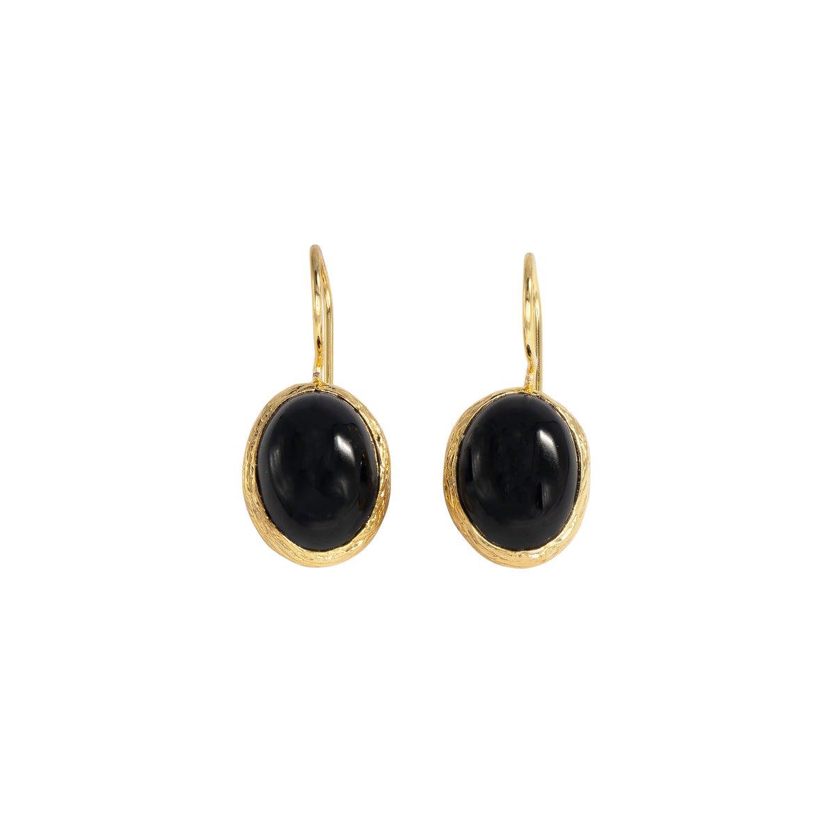 A pair of gold drop earrings with oval black cabochon stones, set against a plain white background.