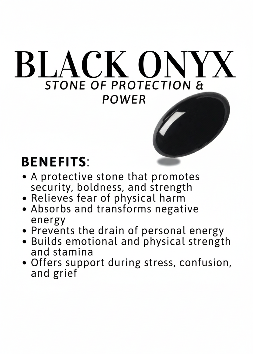 Benefits of Black Onyx:

Promotes security, boldness and strength
Absorbs negative energy
Prevents drain of personal energy
Builds emotional and physical strength
Offers support during stress