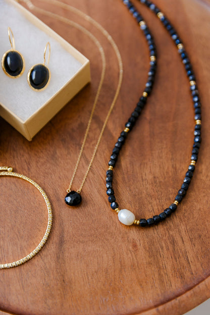 Pearl & Black Onyx Adjustable Bead Necklace