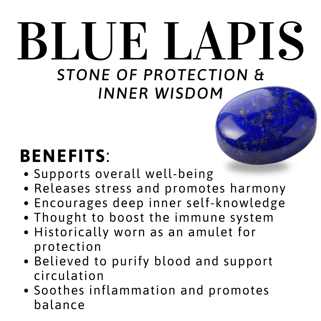 Blue lapis lazuli stone with benefits listed on a white background