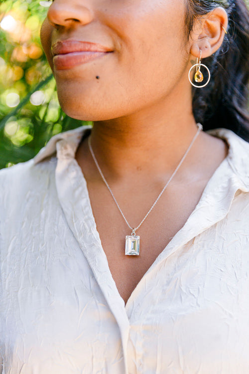Crystal Rectangle Pendant Sterling Silver Necklace