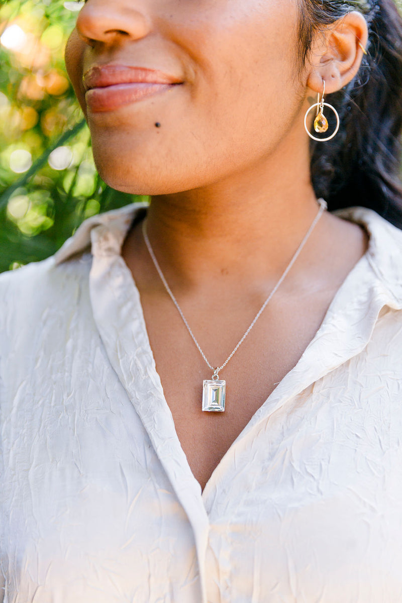 Crystal Rectangle Pendant Sterling Silver Necklace