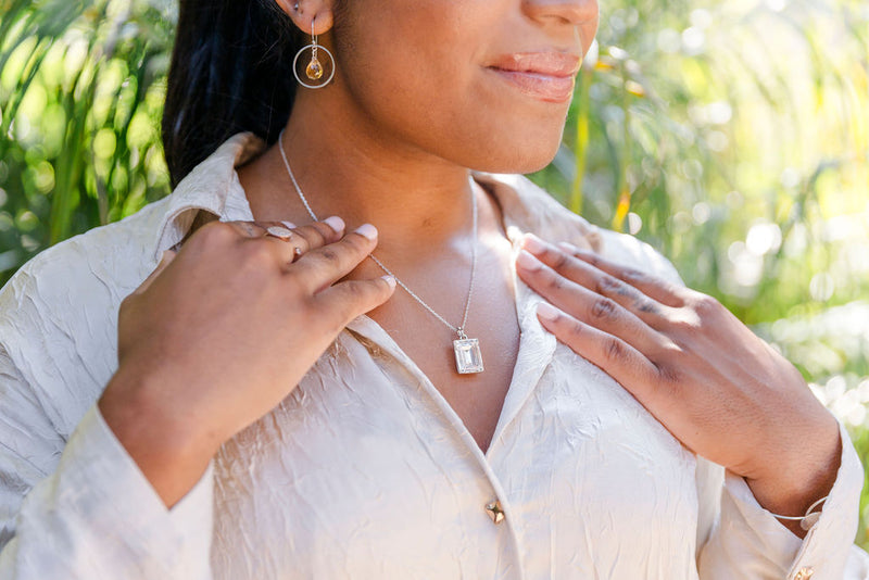 Crystal Rectangle Pendant Sterling Silver Necklace