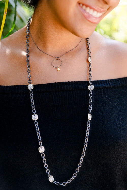 Oxidized Silver Circle Pendant and 14k gold Fill Bead Necklace