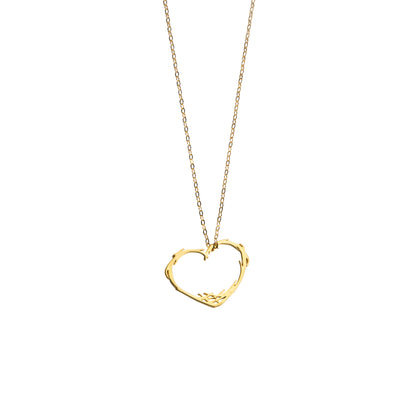A gold chain necklace featuring a textured, open heart-shaped pendant, presented on a clean white background.