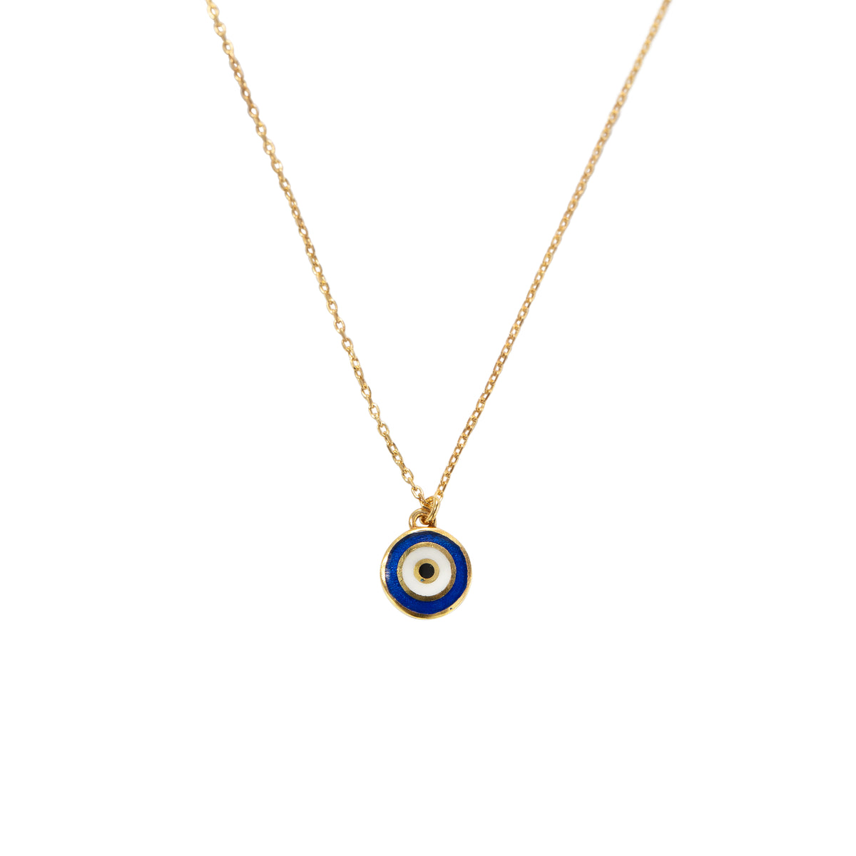 A gold chain necklace with a circular evil eye pendant featuring blue, white, and black enamel details, shown against a plain white background.