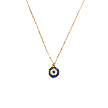 A gold chain necklace with a circular evil eye pendant featuring blue, white, and black enamel details, shown against a plain white background.