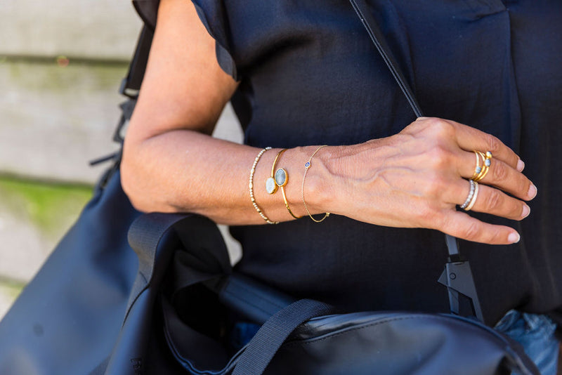 Pearl and Labradorite 2 Stone Squeeze Bracelet 24k Gold Fill