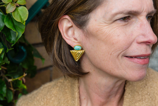 Green Agate and Triangle Gold Vermeil Stud Earrings