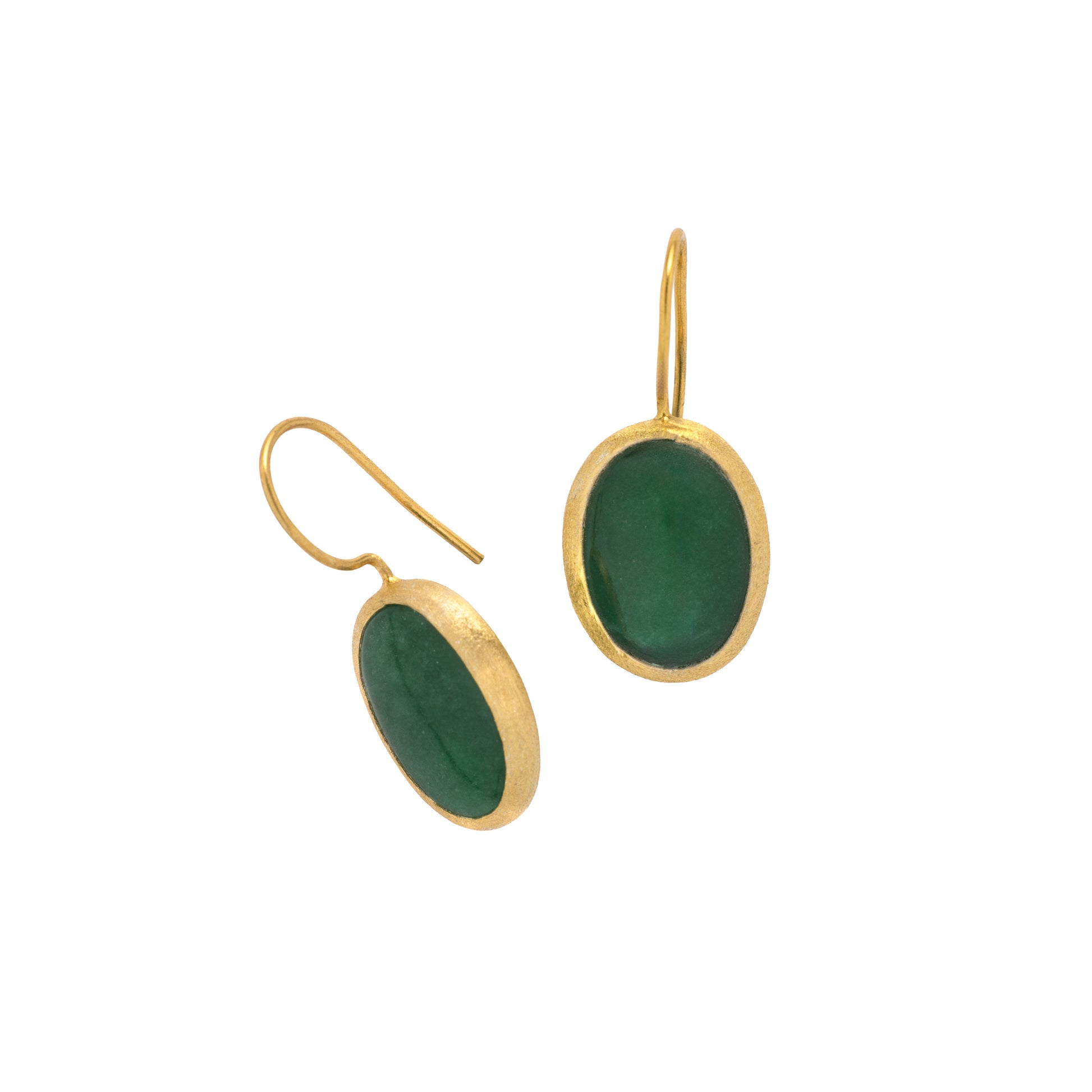 24K Gold earrings with green Jade stones on a white background