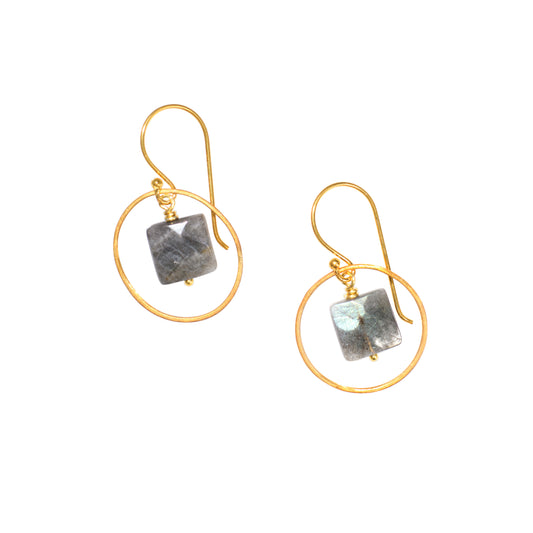 Labradorite Square and 24k Gold Fill Circle Dangle Earring