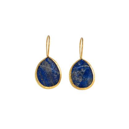 A pair of gold teardrop dangle earrings with polished blue lapis lazuli stones, shown against a plain white background.