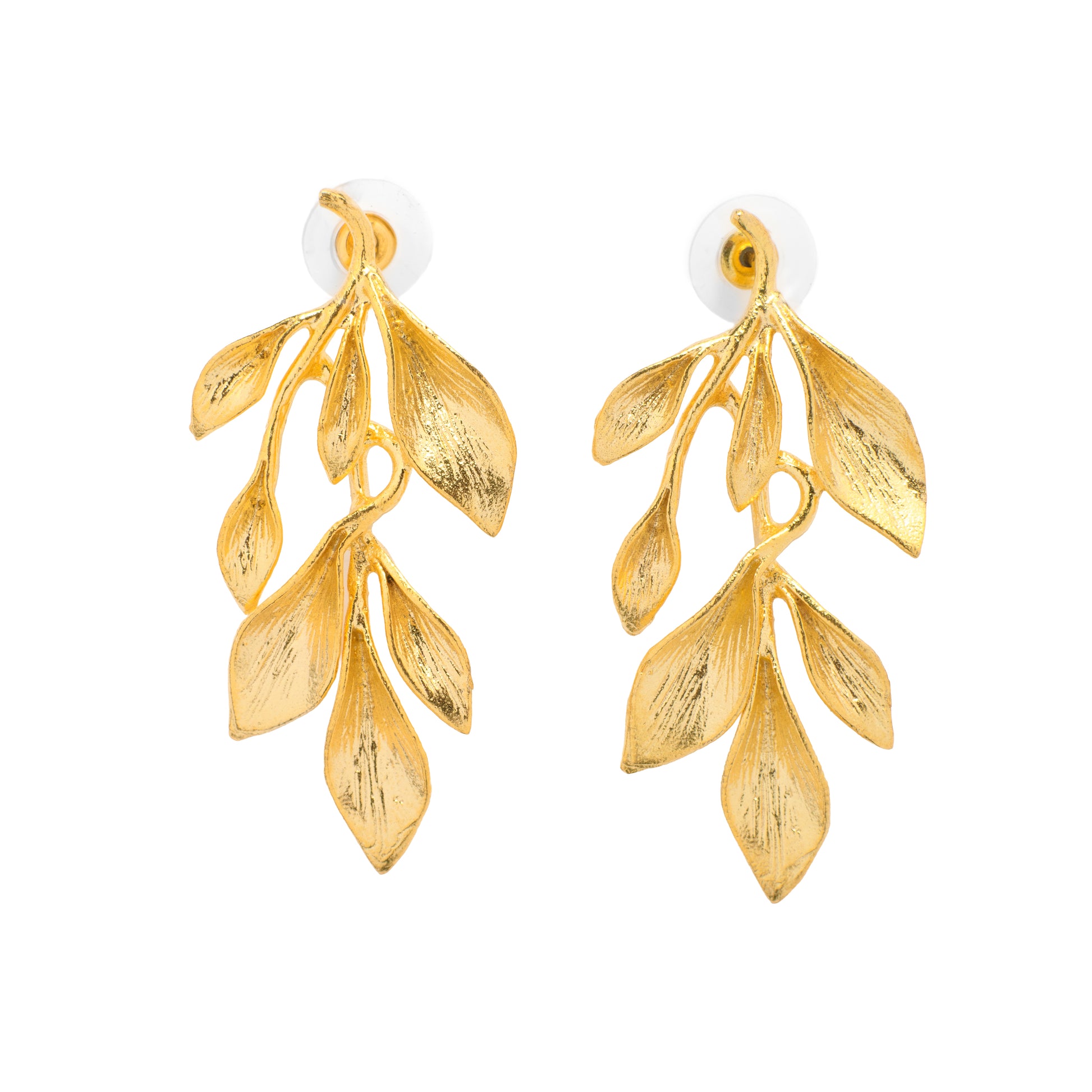 Gold leaf earrings on a white background