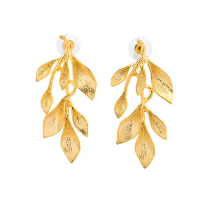 Gold leaf earrings on a white background