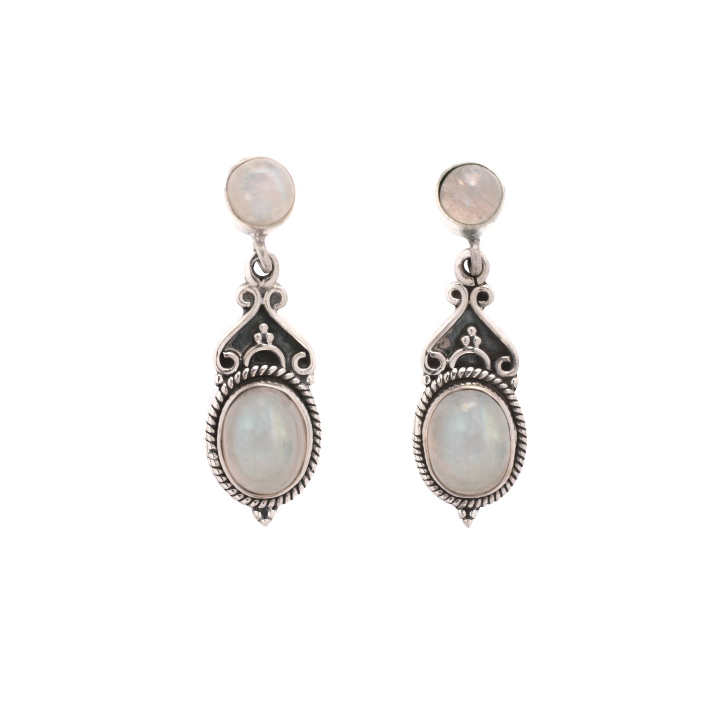Pair of silver earrings with moonstone stones on a white background