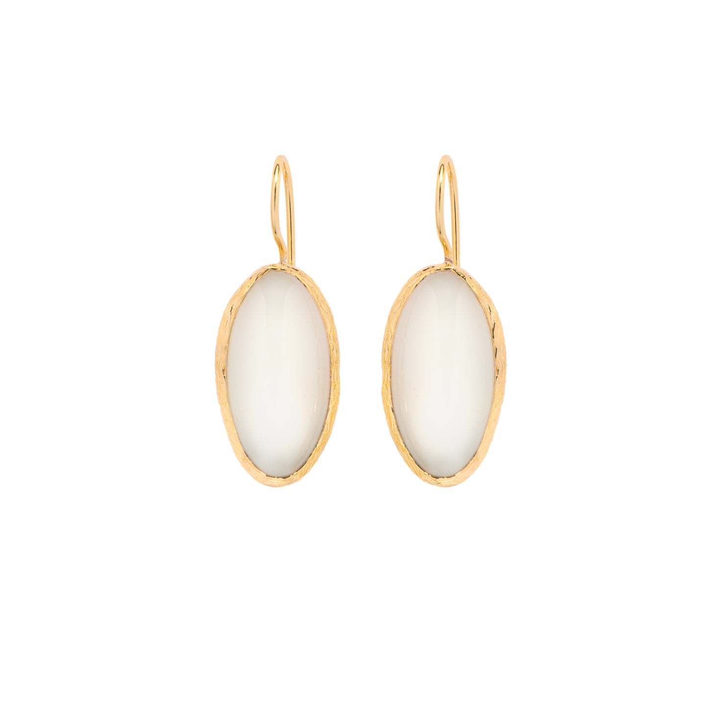 Gold earrings with white moonstone drop earring on a white background