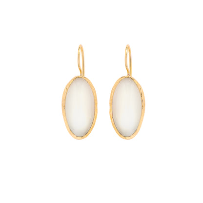 Gold earrings with white moonstone drop earring on a white background