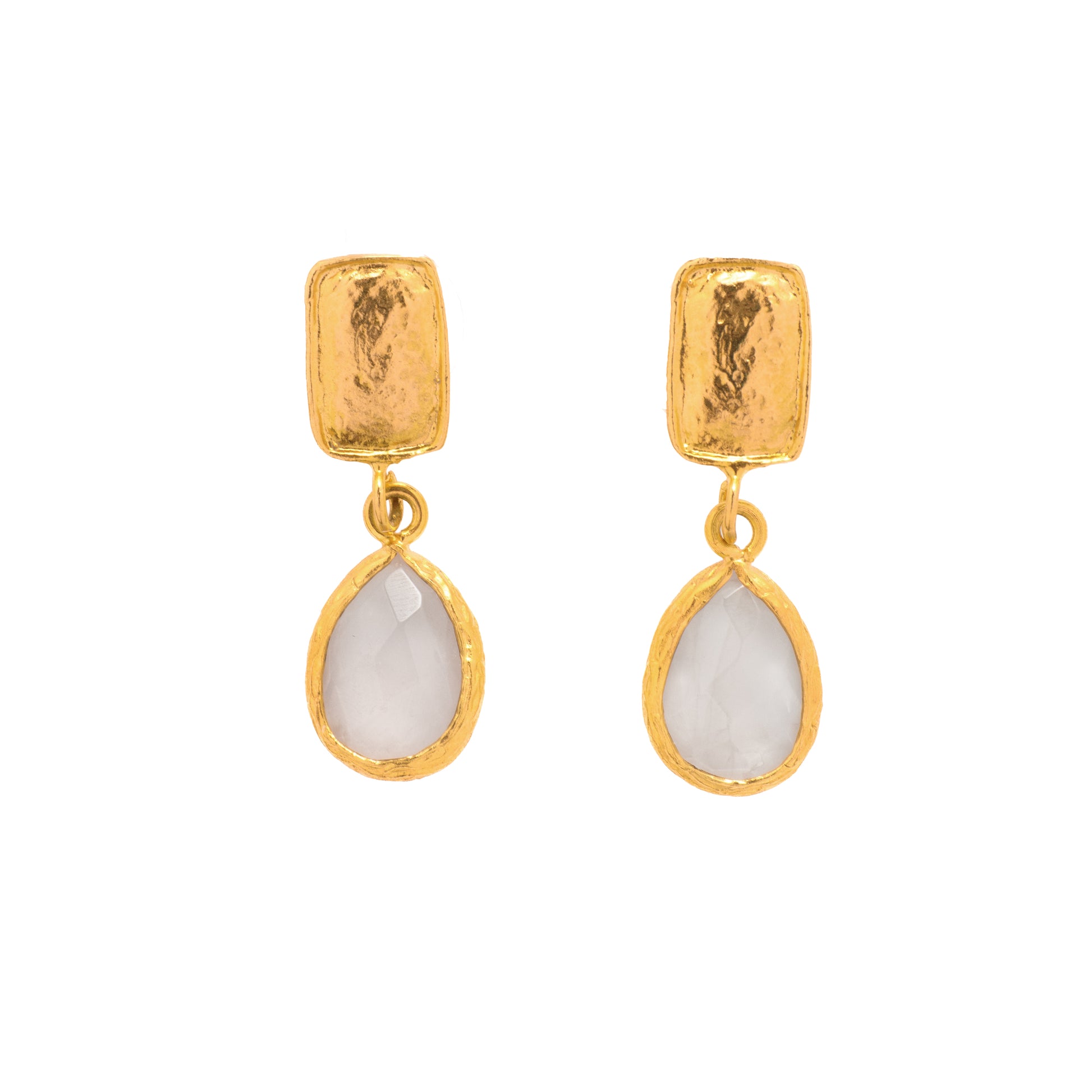 24K Gold Fill Gold earrings with teardrop-shaped white moon stones on a white background