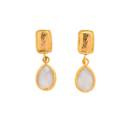 24K Gold Fill Gold earrings with teardrop-shaped white moon stones on a white background