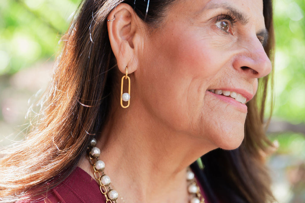 Floating Pearl and Oval 24k Gold Fill Dangle Stud Earrings