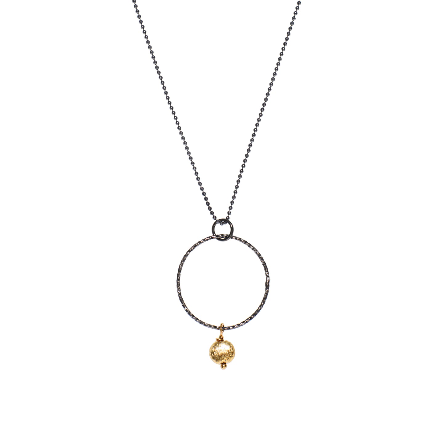 Oxidized Silver Circle Pendant and 14k gold Fill Bead Necklace