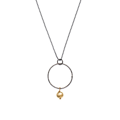 Oxidized Silver Circle Pendant and 14k gold Fill Bead Necklace