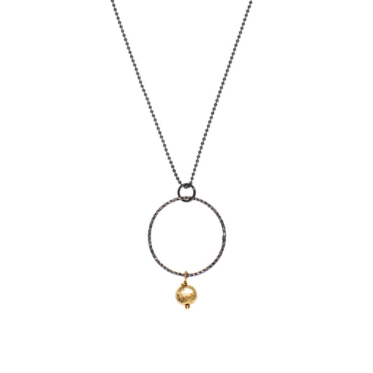 Oxidized Silver Circle Pendant and 14k gold Fill Bead Necklace