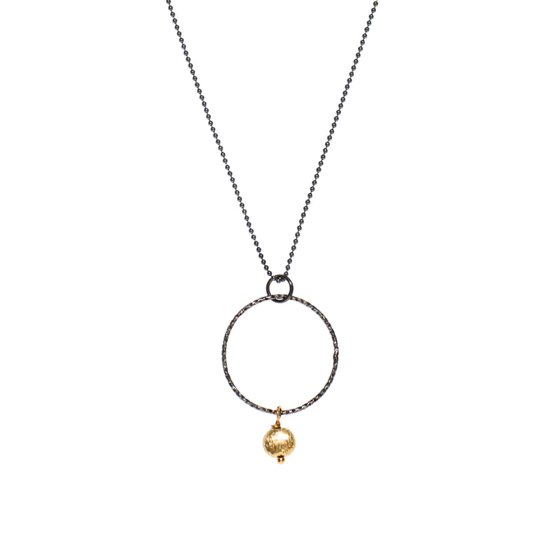 Oxidized Silver Circle Pendant and 14k gold Fill Bead Necklace